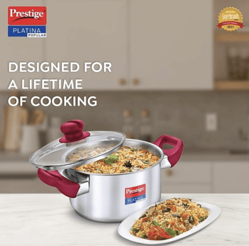 Prestige Platina Popular Stainless Steel Gas and Induction Compatible Casserole with Glass Lid, 200 mm, 3 Litre - Image 2
